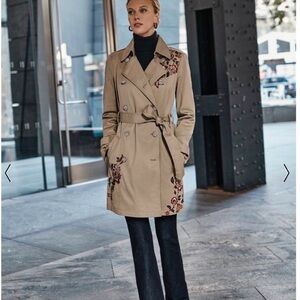 White House Black Market Tan Trench Coat with Floral Detail